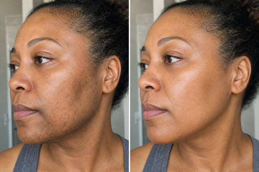 Black woman concerned about chin stubble and dark marks